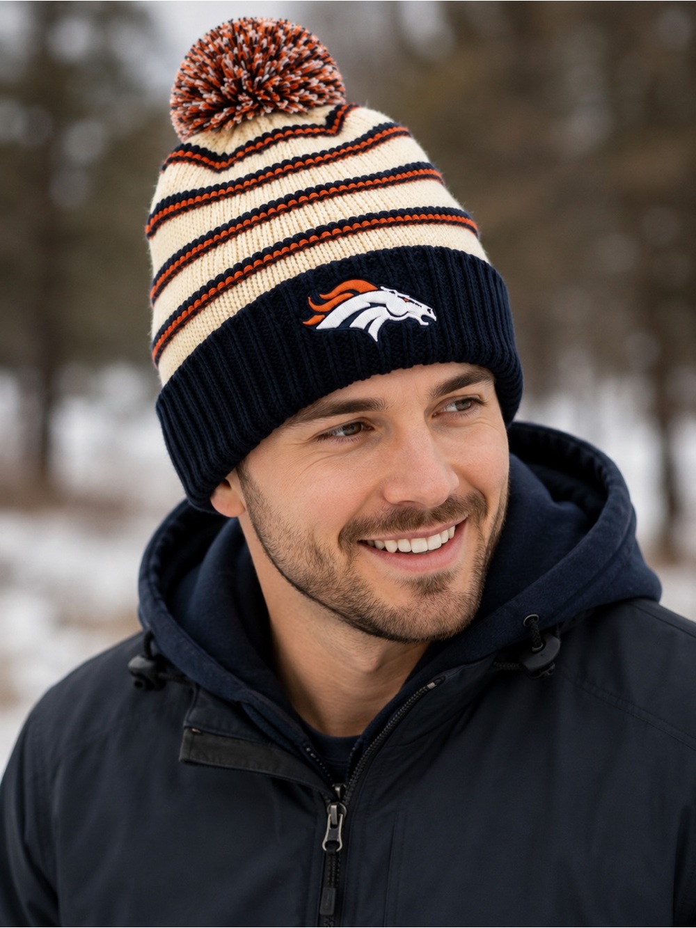 Denver Broncos Knit Pom Pom Beanie Hat Navy Orange Cream Unbranded - Picture 6 of 6